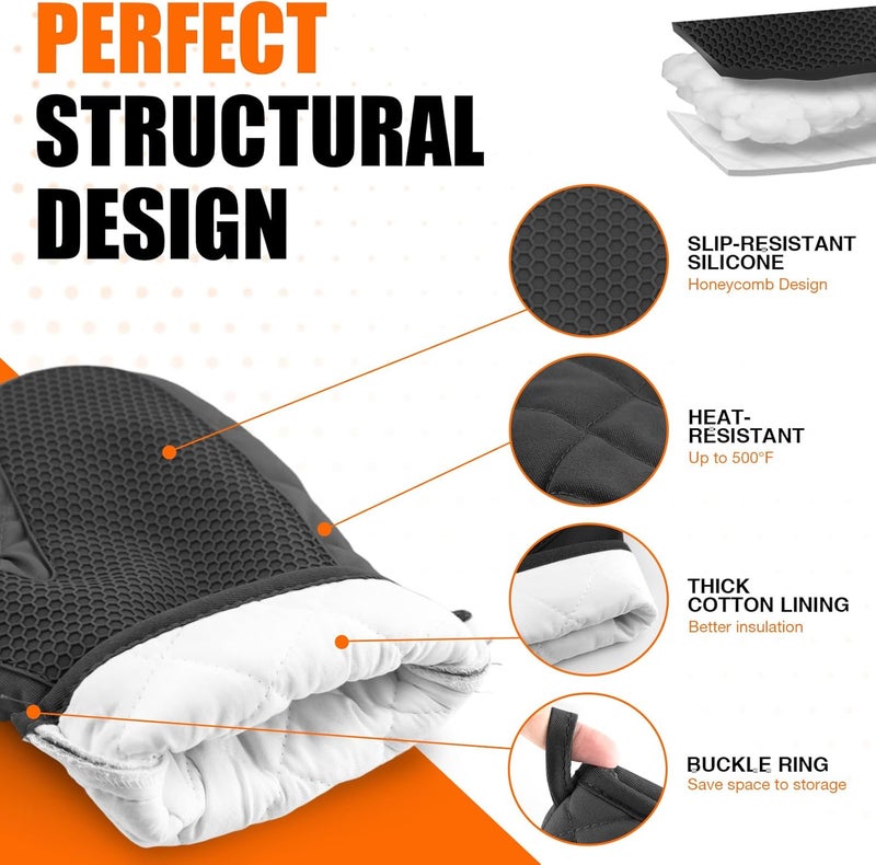HSEEC Silicone Oven Mitts, Heat Resistant 2PCS Oven Mitts with Soft Cotton Lining, Waterproof Non-Slip Grip Oven Glove, Kitchen Potholder Mits for BBQ, Baking, Cooking, 10.5Inch - Dark Black - Image 3